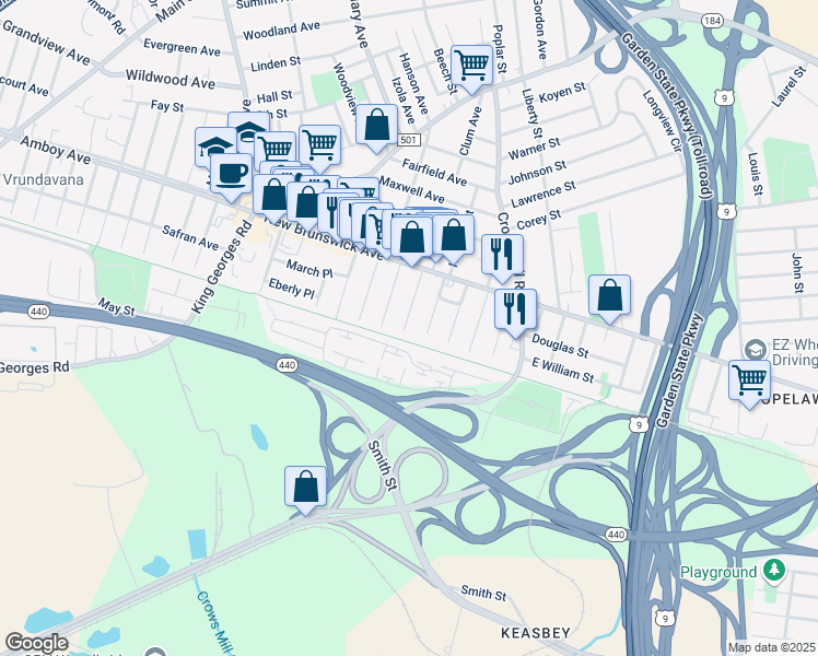 map of restaurants, bars, coffee shops, grocery stores, and more near 8 William Street in Woodbridge Township