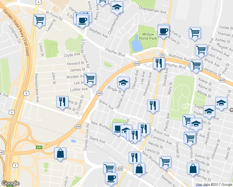 map of restaurants, bars, coffee shops, grocery stores, and more near 648 Colgate Avenue in Perth Amboy