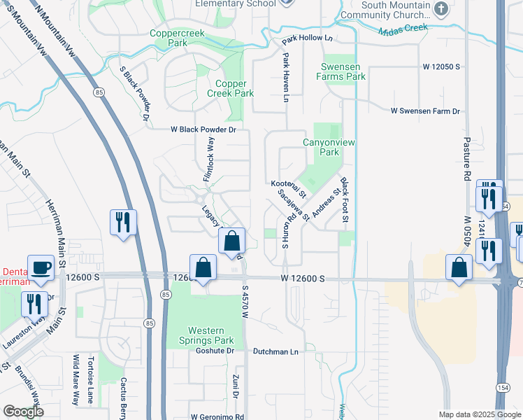 map of restaurants, bars, coffee shops, grocery stores, and more near 12432 Mayan Street in Riverton