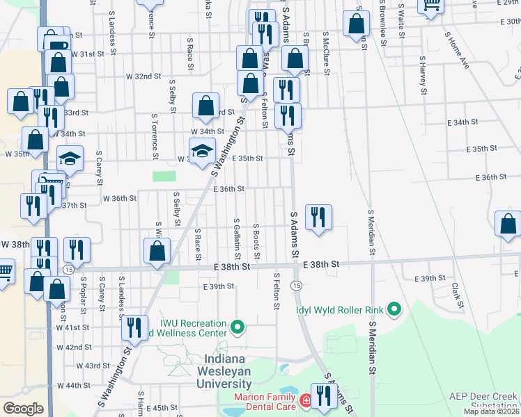 map of restaurants, bars, coffee shops, grocery stores, and more near 3629 South Boots Street in Marion