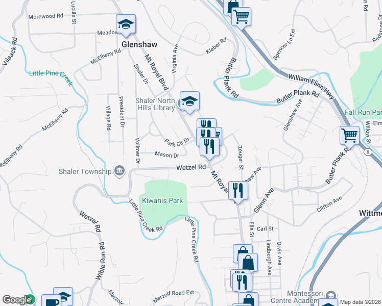 map of restaurants, bars, coffee shops, grocery stores, and more near 103 Mason Drive in Glenshaw