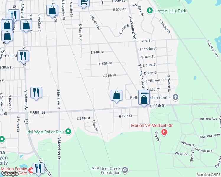 map of restaurants, bars, coffee shops, grocery stores, and more near 3625 South Houck Street in Marion