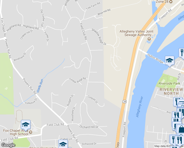 map of restaurants, bars, coffee shops, grocery stores, and more near 872 Field Club Road in Pittsburgh