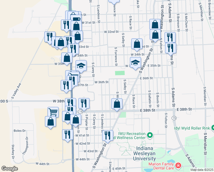 map of restaurants, bars, coffee shops, grocery stores, and more near 3618 South Harmon Street in Marion