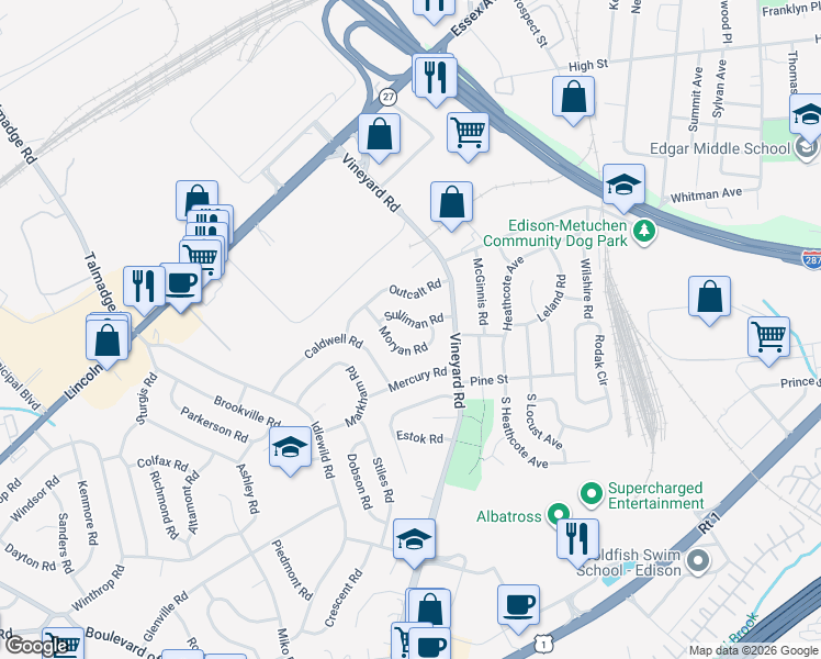 map of restaurants, bars, coffee shops, grocery stores, and more near 12 Sulliman Road in Edison