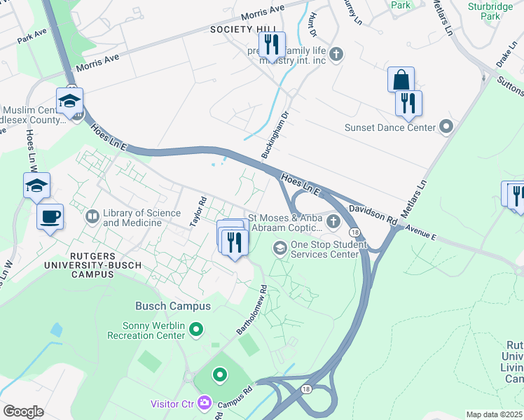 map of restaurants, bars, coffee shops, grocery stores, and more near 86 Davidson Road in Piscataway
