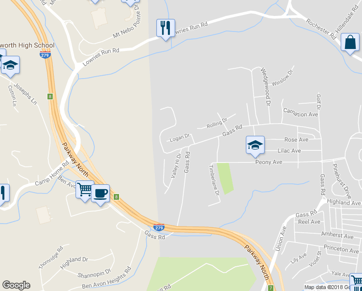 map of restaurants, bars, coffee shops, grocery stores, and more near 98 Valley Hi Drive in Pittsburgh