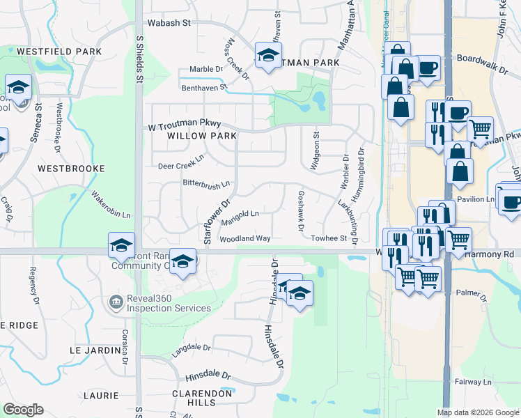 map of restaurants, bars, coffee shops, grocery stores, and more near 4437 Waterleaf Court in Fort Collins