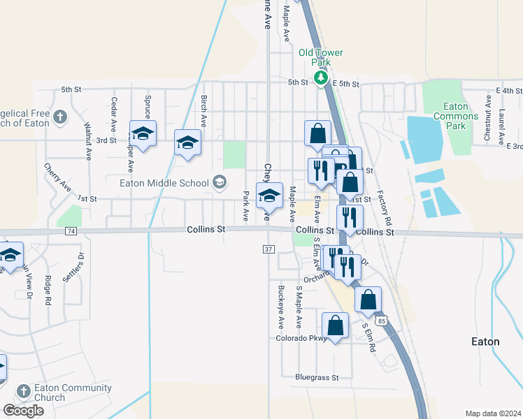map of restaurants, bars, coffee shops, grocery stores, and more near 24 Cheyenne Avenue in Eaton