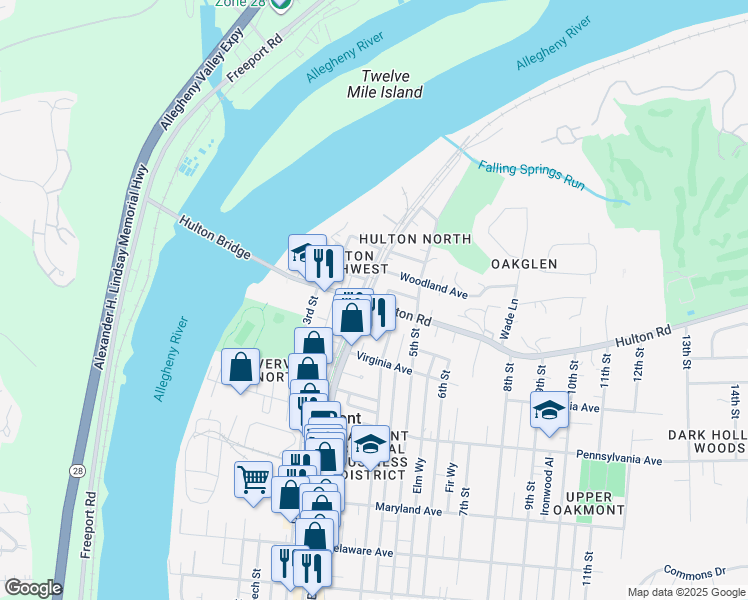 map of restaurants, bars, coffee shops, grocery stores, and more near 363 Hulton Road in Oakmont
