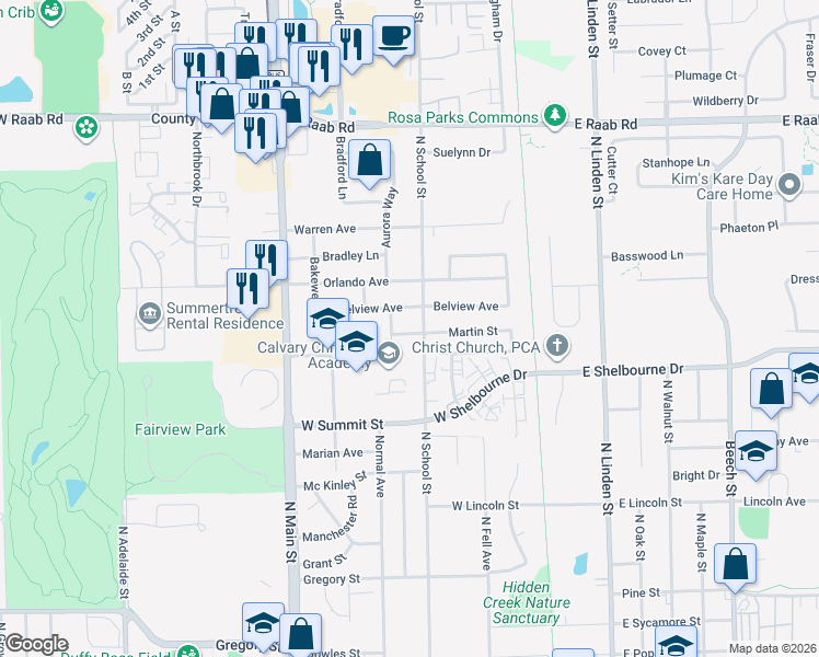 map of restaurants, bars, coffee shops, grocery stores, and more near 302 Martin Street in Normal