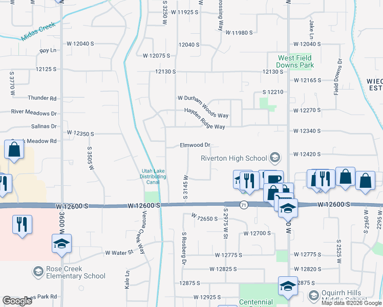 map of restaurants, bars, coffee shops, grocery stores, and more near 12425 South 3145 West in Riverton