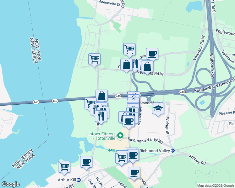 map of restaurants, bars, coffee shops, grocery stores, and more near 5 North Bridge Street in Staten Island