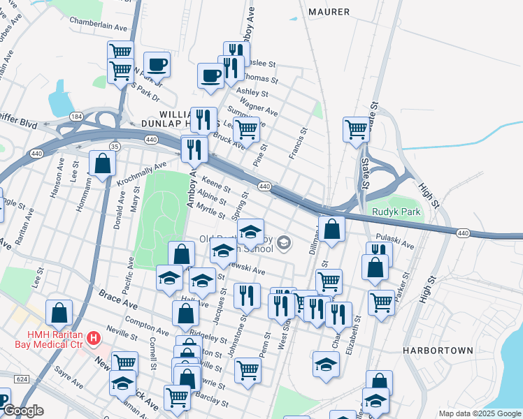 map of restaurants, bars, coffee shops, grocery stores, and more near 357 Keene Street in Perth Amboy
