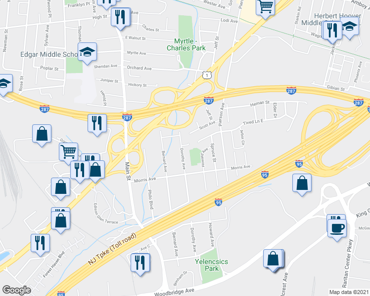 map of restaurants, bars, coffee shops, grocery stores, and more near 1 Rockoff Court in Edison