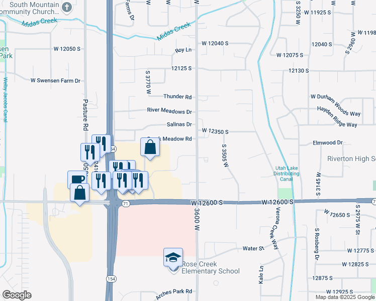 map of restaurants, bars, coffee shops, grocery stores, and more near 12416 3600 West in Riverton