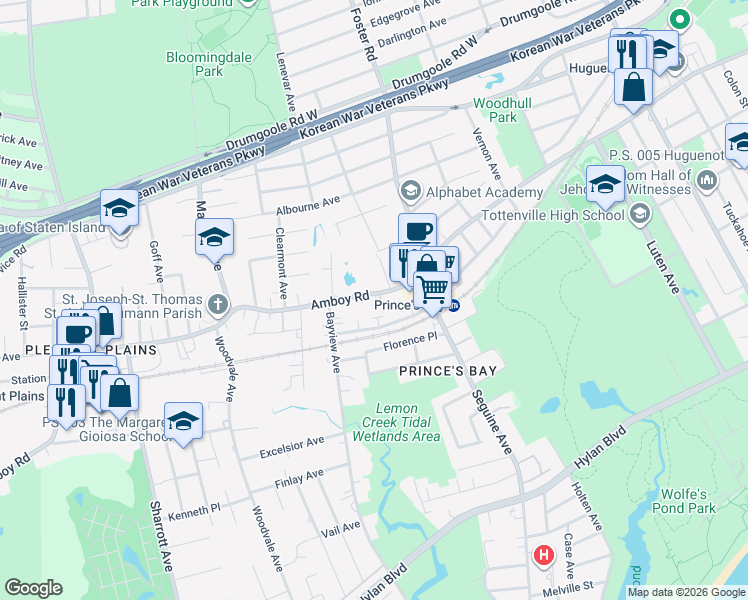 map of restaurants, bars, coffee shops, grocery stores, and more near 5886 Amboy Road in Staten Island