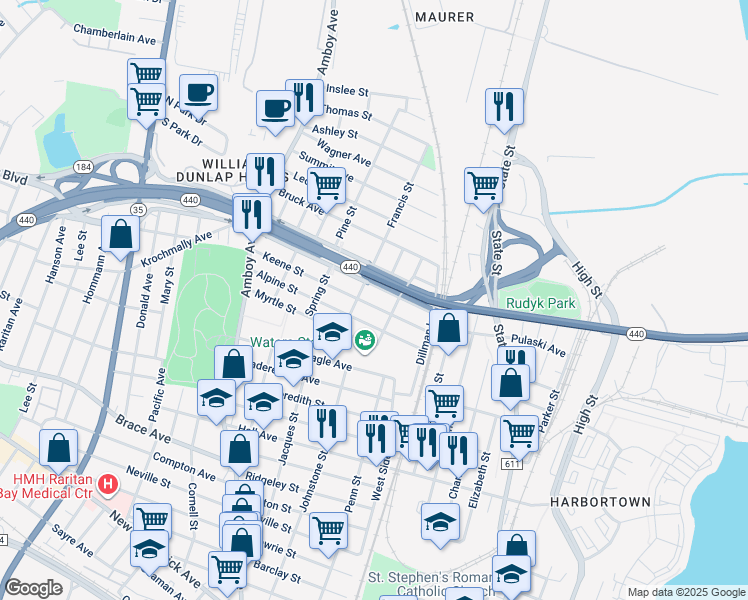 map of restaurants, bars, coffee shops, grocery stores, and more near 324 Keene Street in Perth Amboy