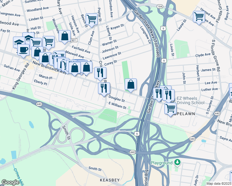 map of restaurants, bars, coffee shops, grocery stores, and more near 10 Frazer Street in Woodbridge Township