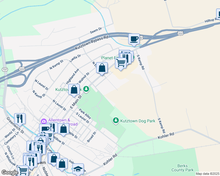 map of restaurants, bars, coffee shops, grocery stores, and more near 40 South Elm Street in Kutztown