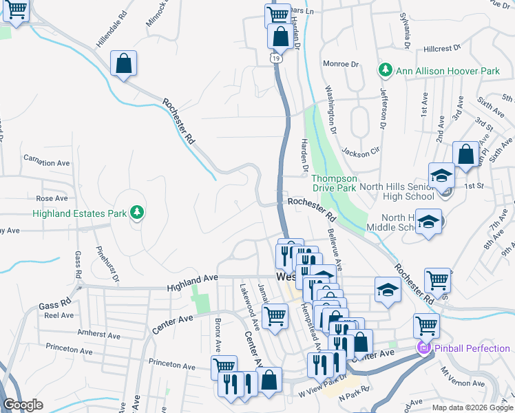 map of restaurants, bars, coffee shops, grocery stores, and more near 101 Hidden Valley Drive in Pittsburgh