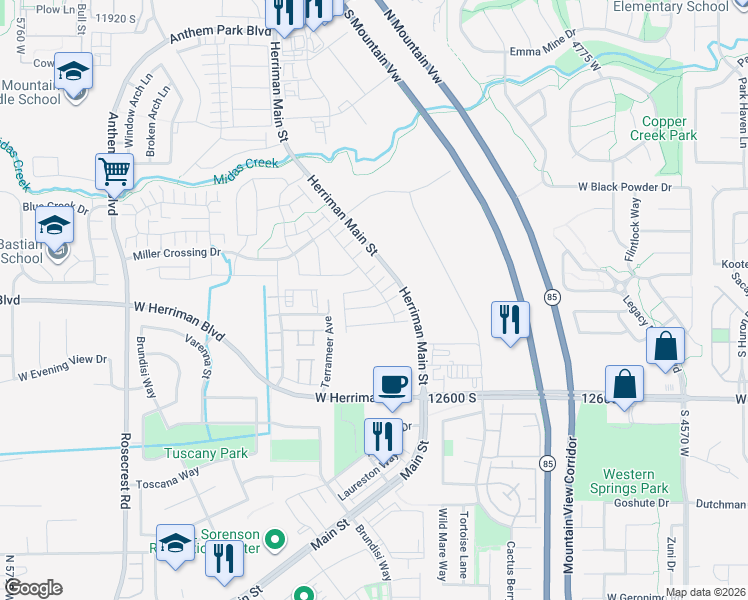 map of restaurants, bars, coffee shops, grocery stores, and more near 5107 West Tessitura Way in Herriman