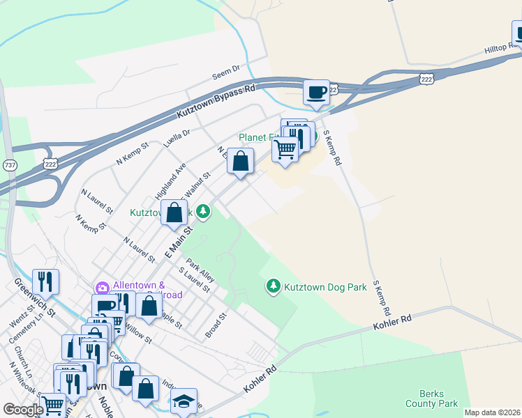 map of restaurants, bars, coffee shops, grocery stores, and more near 40 South Elm Street in Kutztown