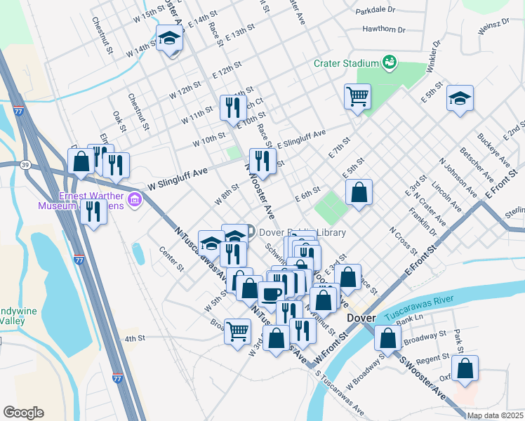 map of restaurants, bars, coffee shops, grocery stores, and more near 606 North Wooster Avenue in Dover
