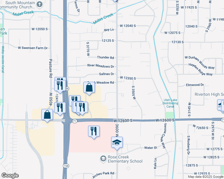map of restaurants, bars, coffee shops, grocery stores, and more near 12416 3600 West in Riverton