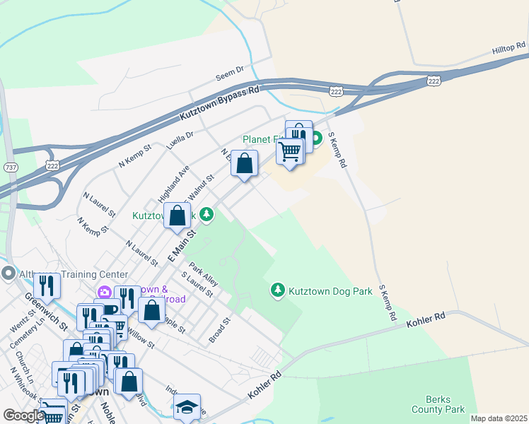 map of restaurants, bars, coffee shops, grocery stores, and more near 40 South Elm Street in Kutztown