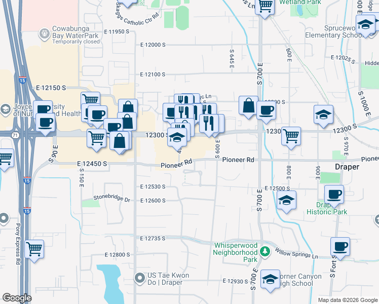 map of restaurants, bars, coffee shops, grocery stores, and more near 12401 South 450 East in Draper