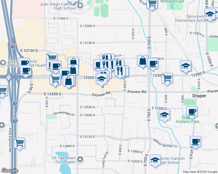 map of restaurants, bars, coffee shops, grocery stores, and more near 12401 South 450 East in Draper
