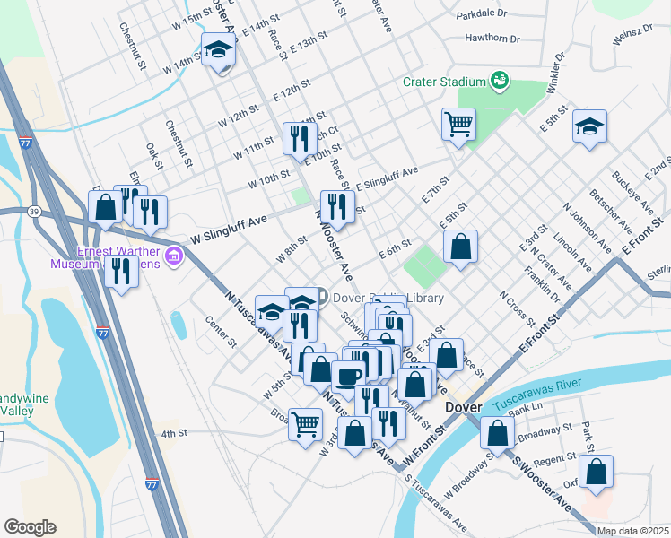 map of restaurants, bars, coffee shops, grocery stores, and more near 606 North Wooster Avenue in Dover