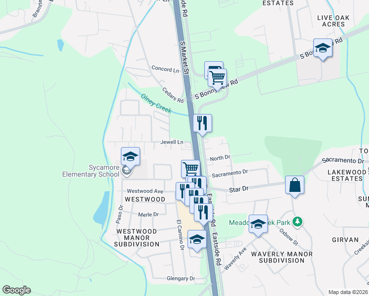 map of restaurants, bars, coffee shops, grocery stores, and more near 2237 Jewell Lane in Redding