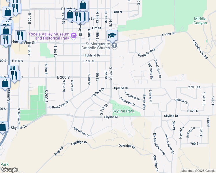 map of restaurants, bars, coffee shops, grocery stores, and more near 511 Upland Drive in Tooele