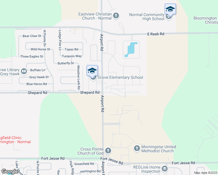 map of restaurants, bars, coffee shops, grocery stores, and more near 1007 Mondavi Lane in Normal