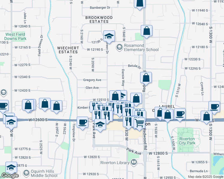map of restaurants, bars, coffee shops, grocery stores, and more near 1934 West 12420 South in Riverton