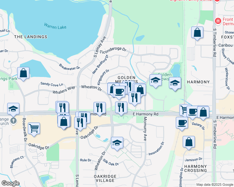 map of restaurants, bars, coffee shops, grocery stores, and more near 1355 Iva Court in Fort Collins