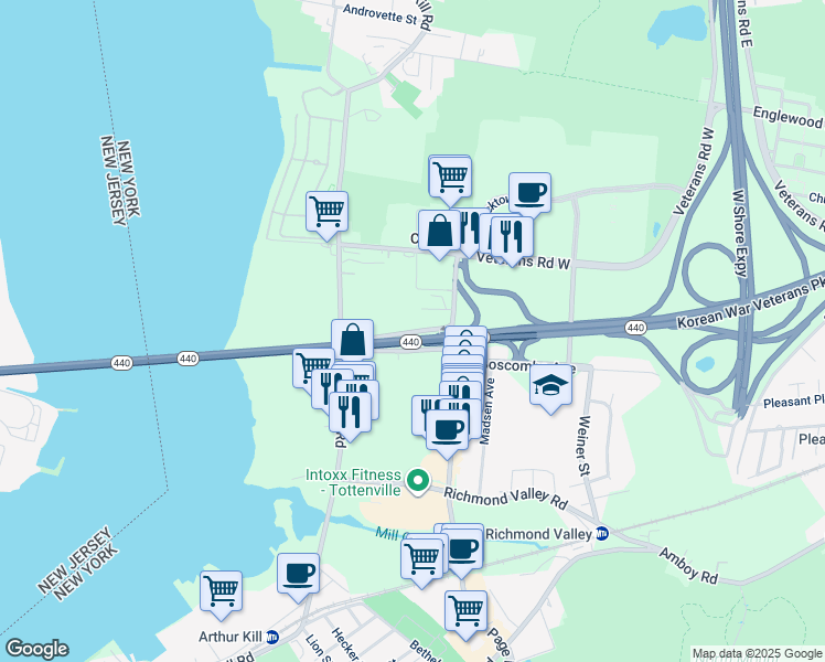 map of restaurants, bars, coffee shops, grocery stores, and more near 5 North Bridge Street in Staten Island