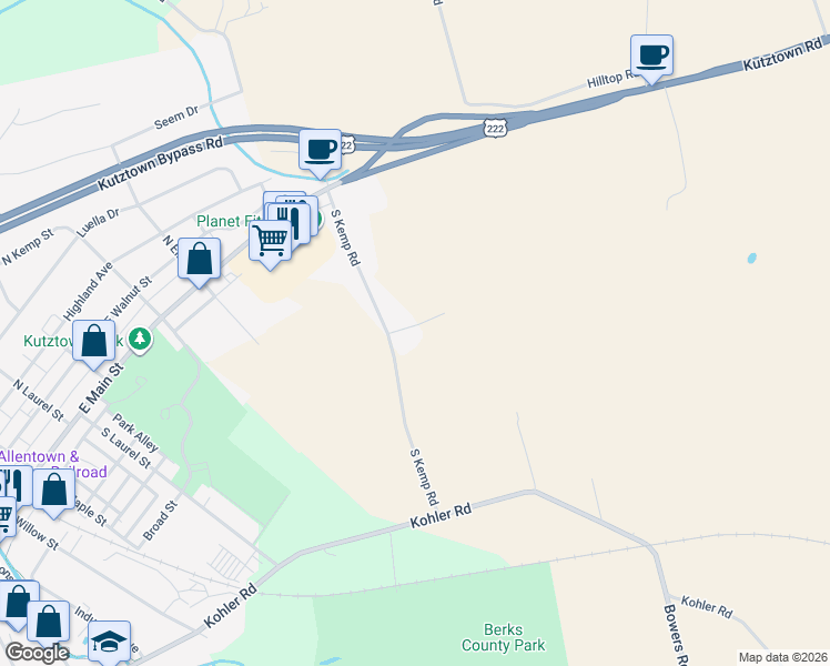 map of restaurants, bars, coffee shops, grocery stores, and more near 107 South Kemp Road in Kutztown