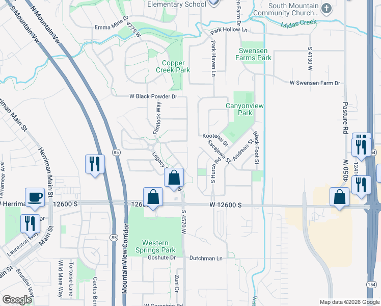 map of restaurants, bars, coffee shops, grocery stores, and more near 12419 South Iron Sight Way in Herriman
