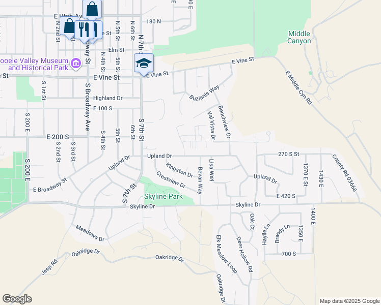 map of restaurants, bars, coffee shops, grocery stores, and more near 697 Upland Drive in Tooele