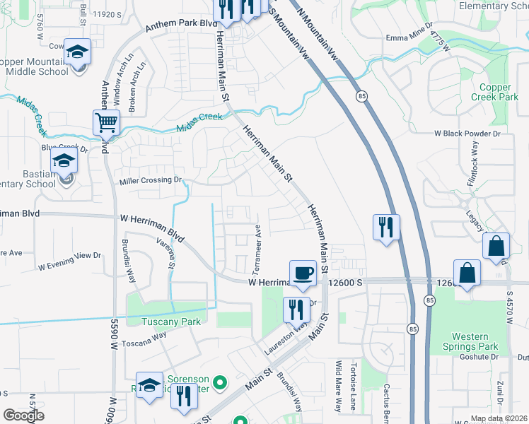 map of restaurants, bars, coffee shops, grocery stores, and more near 12412 South Duet Drive in Herriman