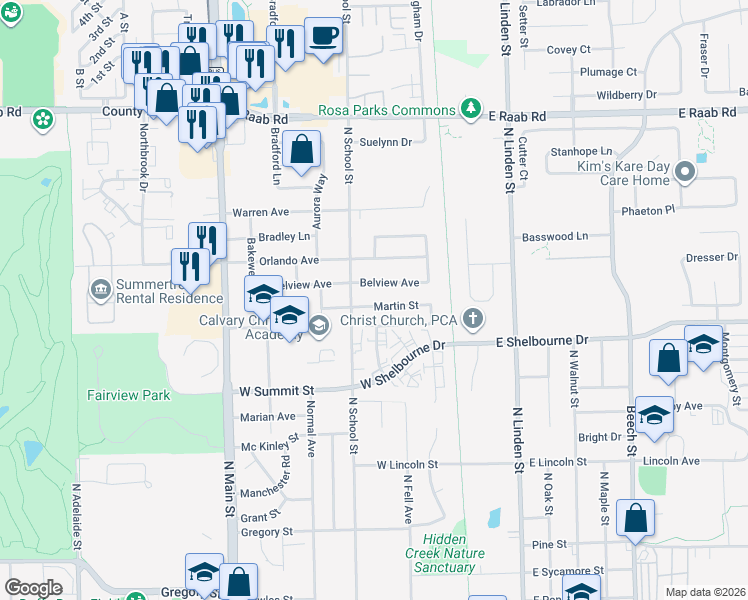 map of restaurants, bars, coffee shops, grocery stores, and more near 222 Martin Street in Normal