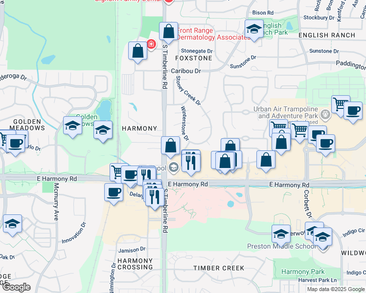 map of restaurants, bars, coffee shops, grocery stores, and more near 2126 Milestone Drive in Fort Collins