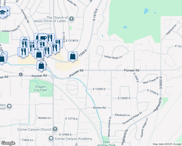 map of restaurants, bars, coffee shops, grocery stores, and more near 12357 Relation Street in Draper