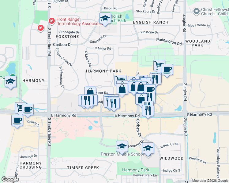 map of restaurants, bars, coffee shops, grocery stores, and more near Council Tree Avenue in Fort Collins