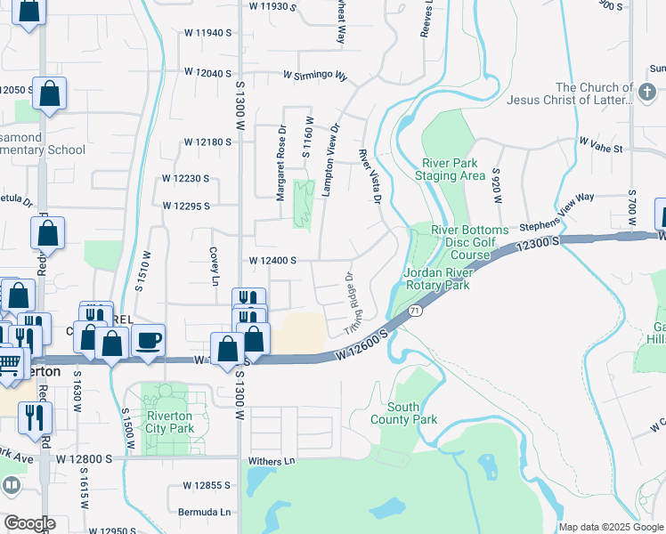 map of restaurants, bars, coffee shops, grocery stores, and more near 12547 Tithing Hill Drive in Riverton
