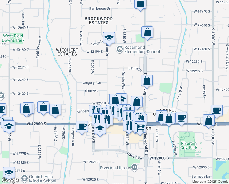 map of restaurants, bars, coffee shops, grocery stores, and more near 1934 West 12420 South in Riverton