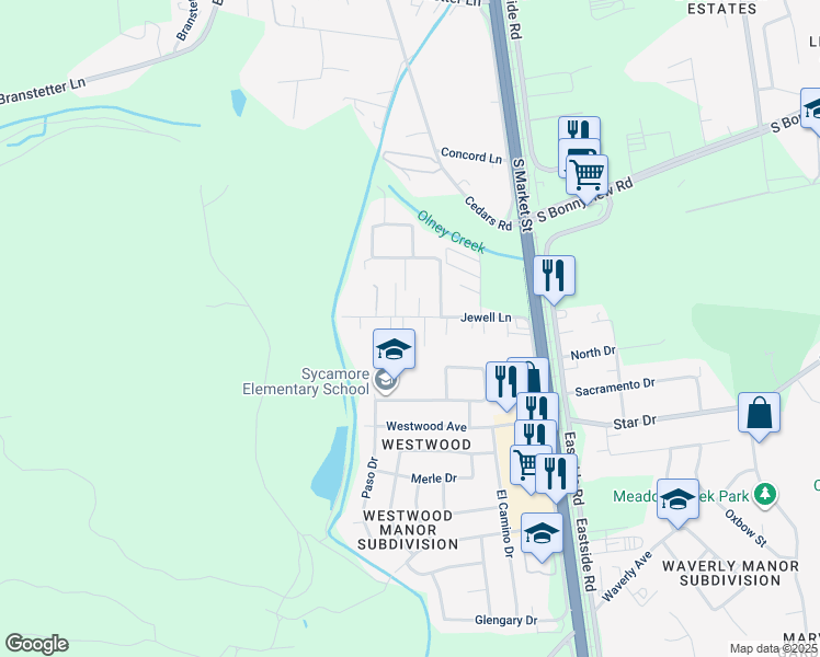 map of restaurants, bars, coffee shops, grocery stores, and more near 2035 Jewell Lane in Redding